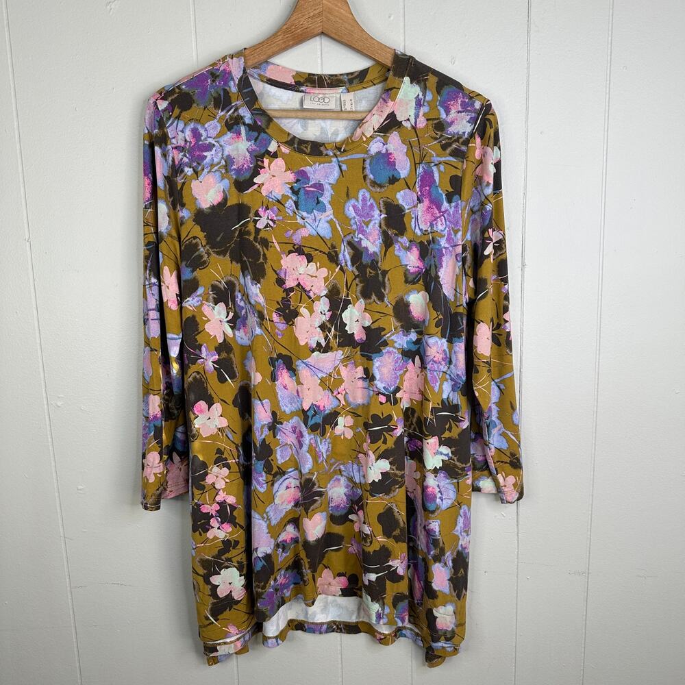 LOGO Lori Goldstein Womens M Floral Swing Top Olive Purple Long Sleeve Boho Knit